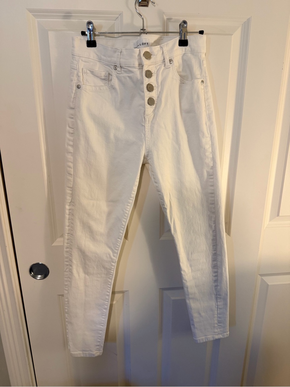 LOFT High-Rise White Button-Front Slim Jeans